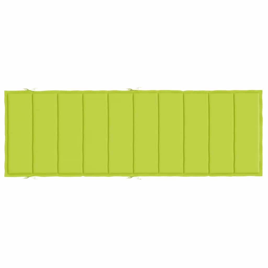 Bright green Oxford fabric sun lounger cushion, 73x23 inches, with tie-down straps.