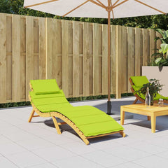 Bright green Oxford fabric sun lounger cushion, 73x23 inches, with tie-down straps.