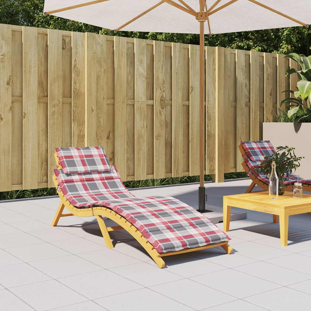 Red check Oxford fabric sun lounger cushion, 73x23in, with ties and head pillow.