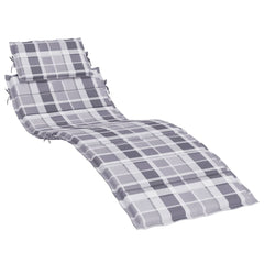 Gray check Oxford fabric sun lounger cushion, 73x23x2 inches, with ties.