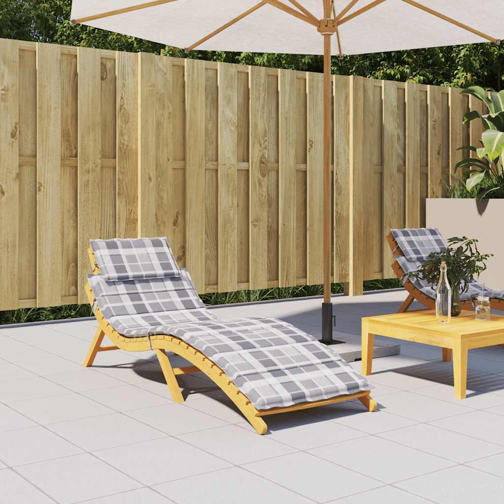 Gray check Oxford fabric sun lounger cushion, 73x23x2 inches, on a wooden chaise.