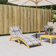Gray check Oxford fabric sun lounger cushion, 73x23x2 inches, on a wooden chaise.