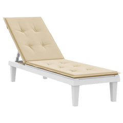 A beige tufted cushion on a white adjustable deck chair.
