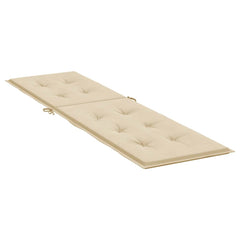 Beige water-resistant Oxford fabric deck chair cushion with tufted design and tie-down straps.