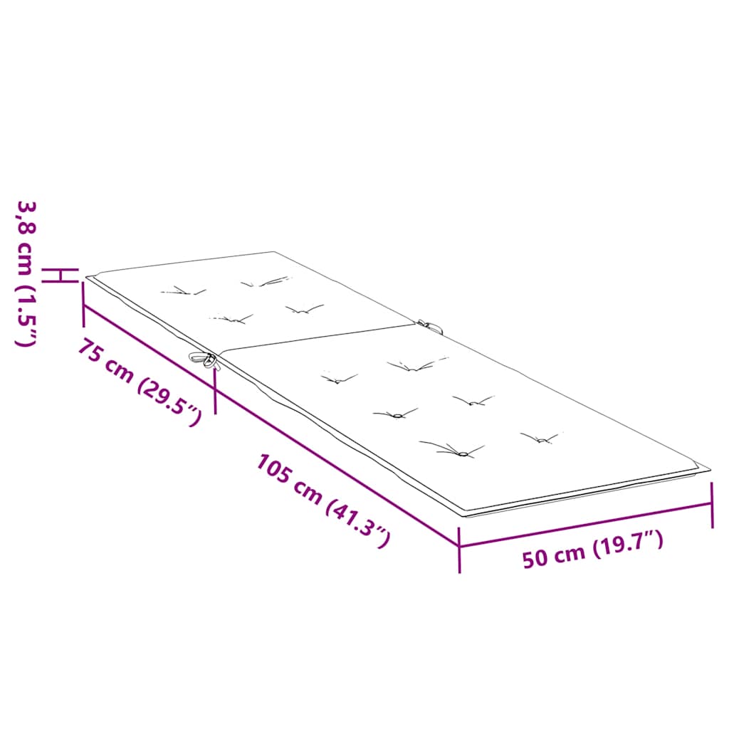 Diagram of beige deck chair cushion measuring 105 cm by 75 cm by 3 cm with non-slip straps.