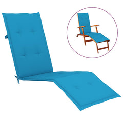 Blue deck chair cushion in Oxford fabric with foam fiber filling, 71x19.7x1.6 inches.