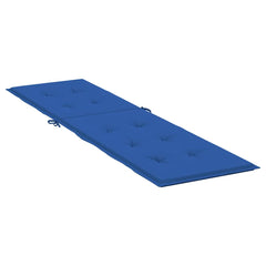 Royal blue deck chair cushion made of Oxford fabric with foam fiber filling and securing straps.
