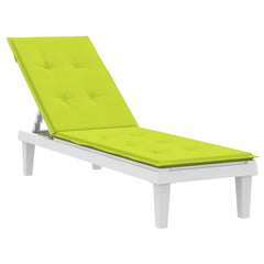 Bright green Oxford fabric cushion for a white deck chair, with tufted padding and adjustable fit.