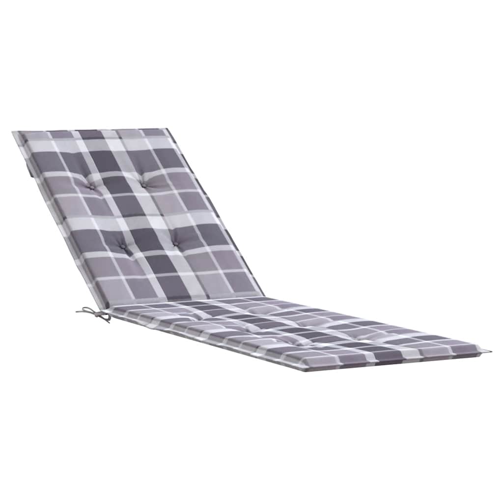 Gray checkered water-resistant deck chair cushion in Oxford fabric with plush padding.