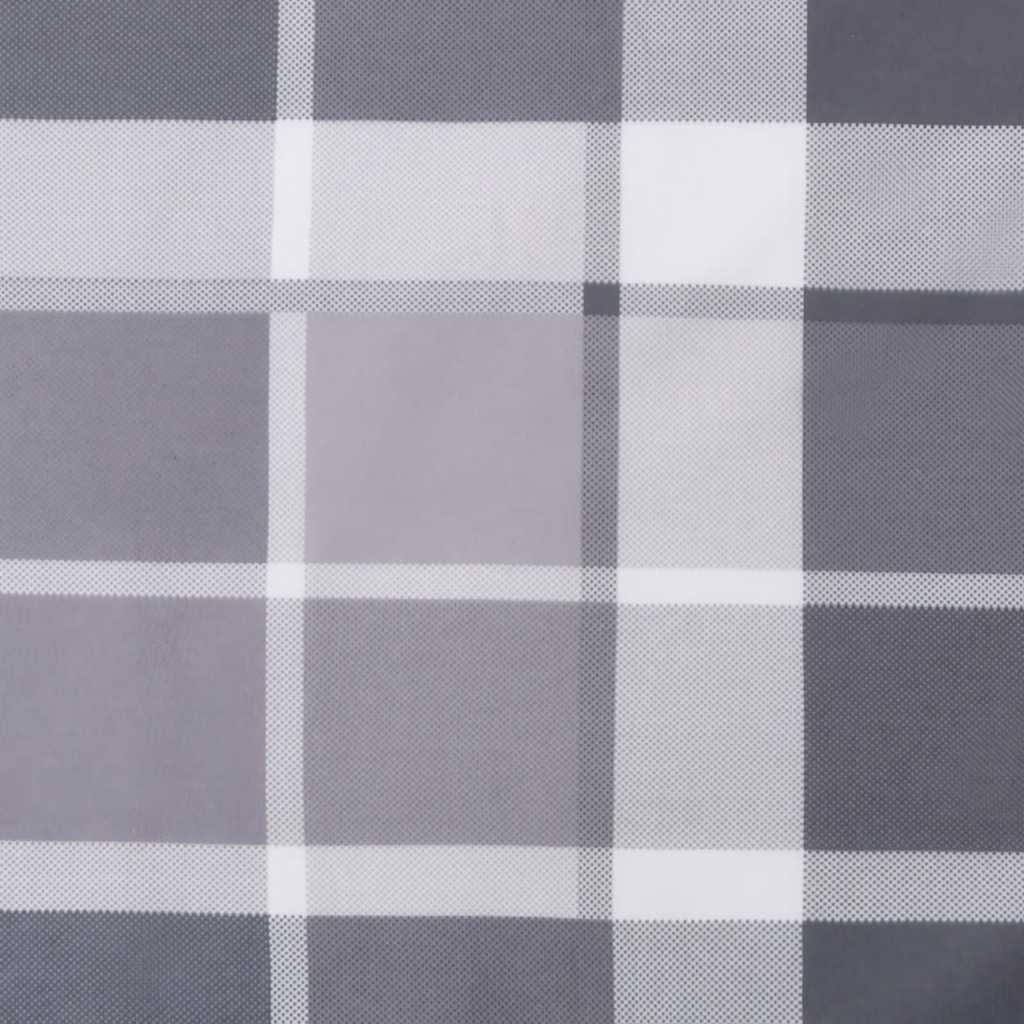 Gray check deck chair cushion made from water-resistant Oxford fabric.