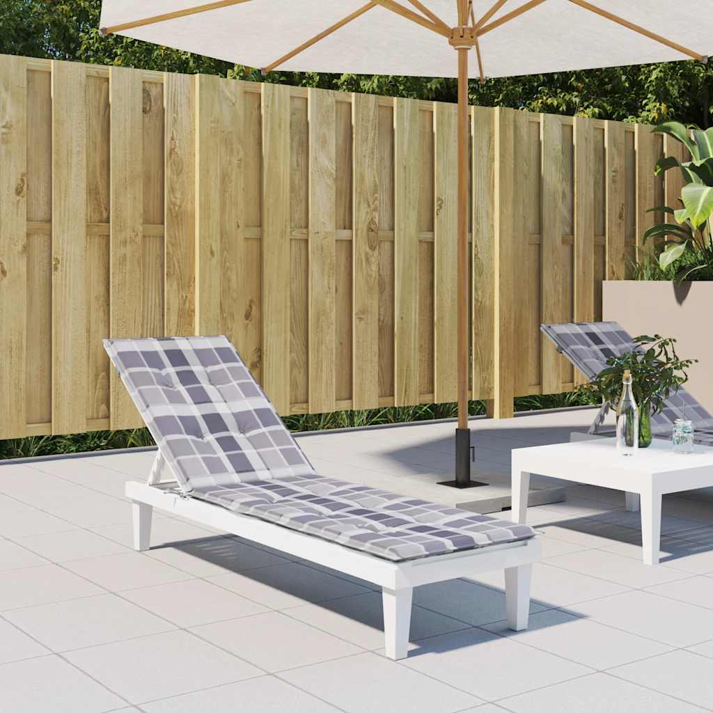 Gray check deck chair cushion with water-resistant Oxford fabric and foam filling.