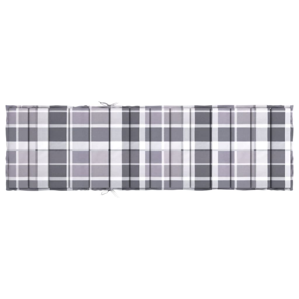 Gray check sun lounger cushion with non-slip straps and soft foam filling for comfort.