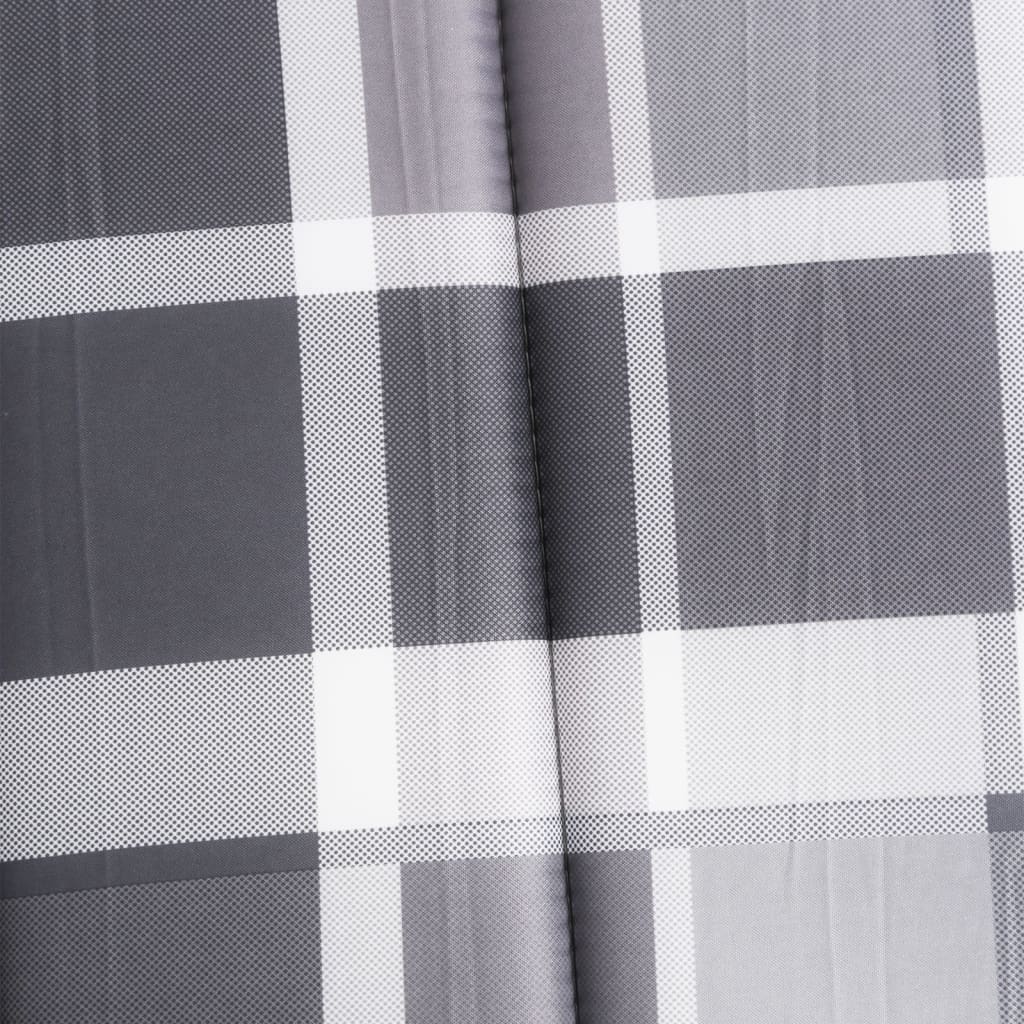 Gray check sun lounger cushion made of water-resistant Oxford fabric with non-slip straps.