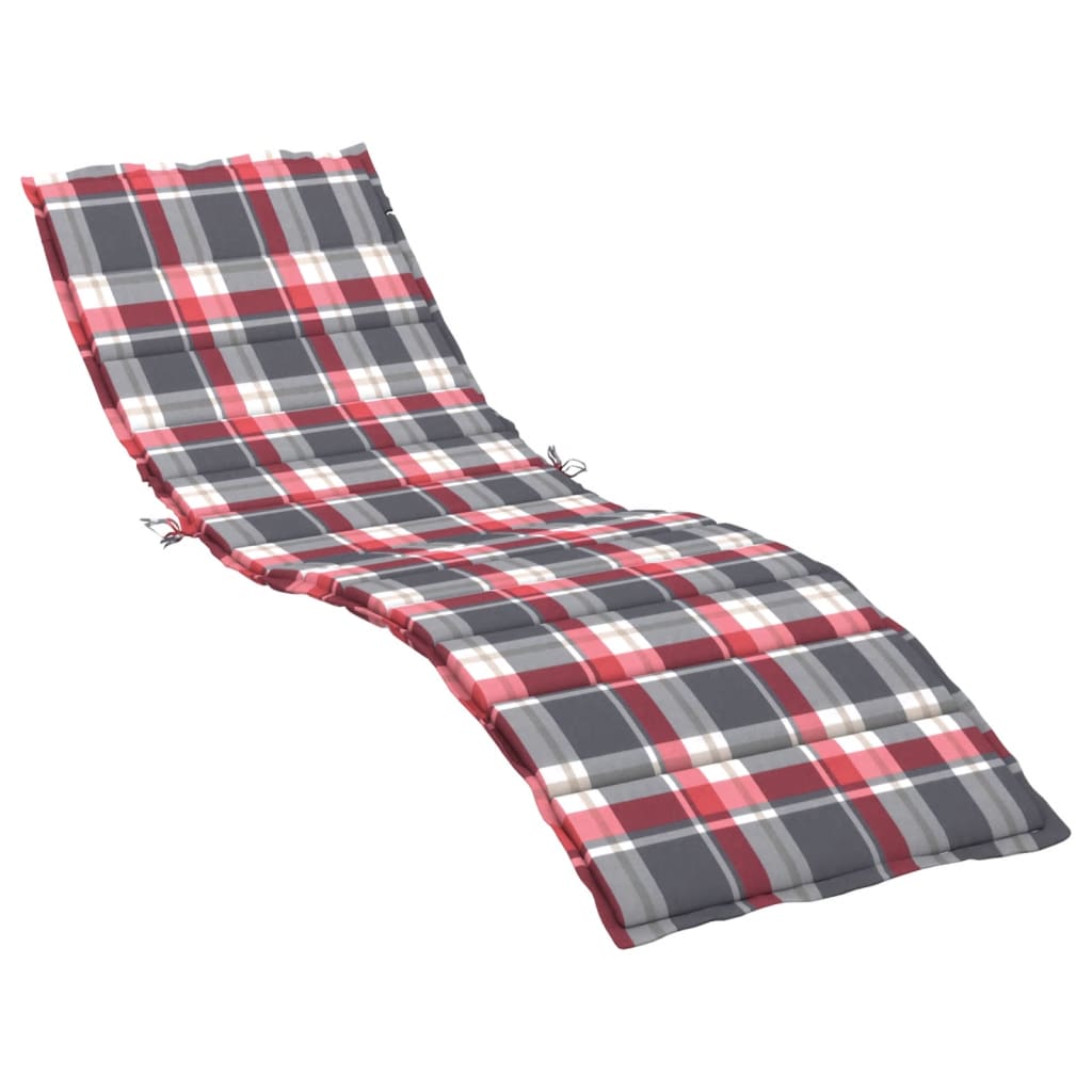 Red check sun lounger cushion made of Oxford fabric with foam filling and securing straps.