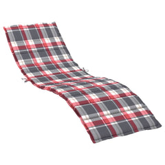 Red check sun lounger cushion made of Oxford fabric with foam filling and securing straps.