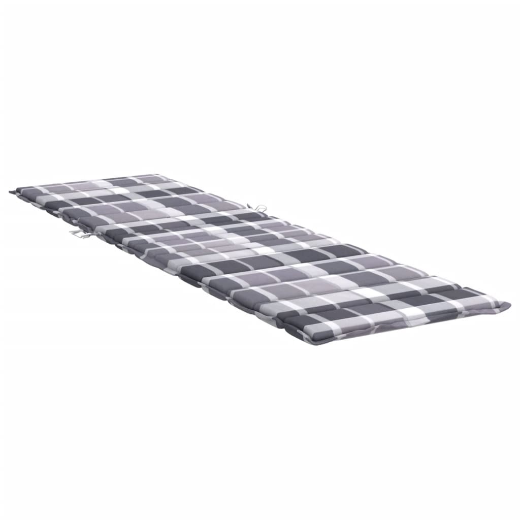 Gray check sun lounger cushion made of water-resistant Oxford fabric with non-slip straps.