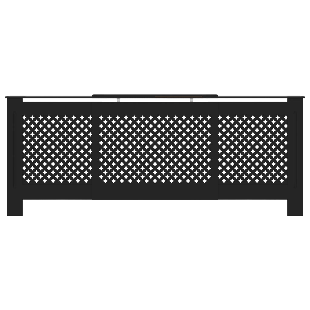 Black adjustable MDF radiator cover with slatted front and shelf, 55.9-80.7 inches wide.