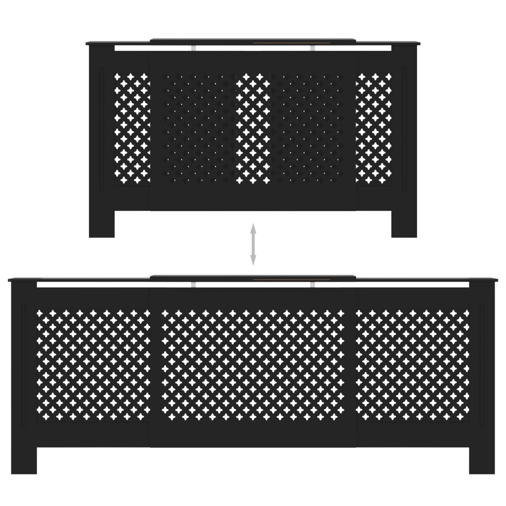 Black adjustable MDF radiator cover shown expanded from 55.9 to 80.7 inches with slatted front and shelf.