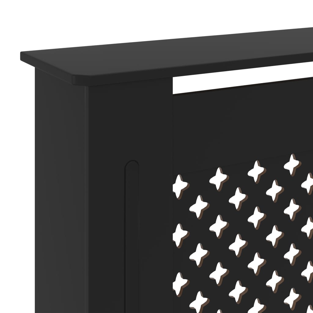 Black adjustable MDF radiator cover with slatted front and shelf, 55.9-80.7 inches wide.