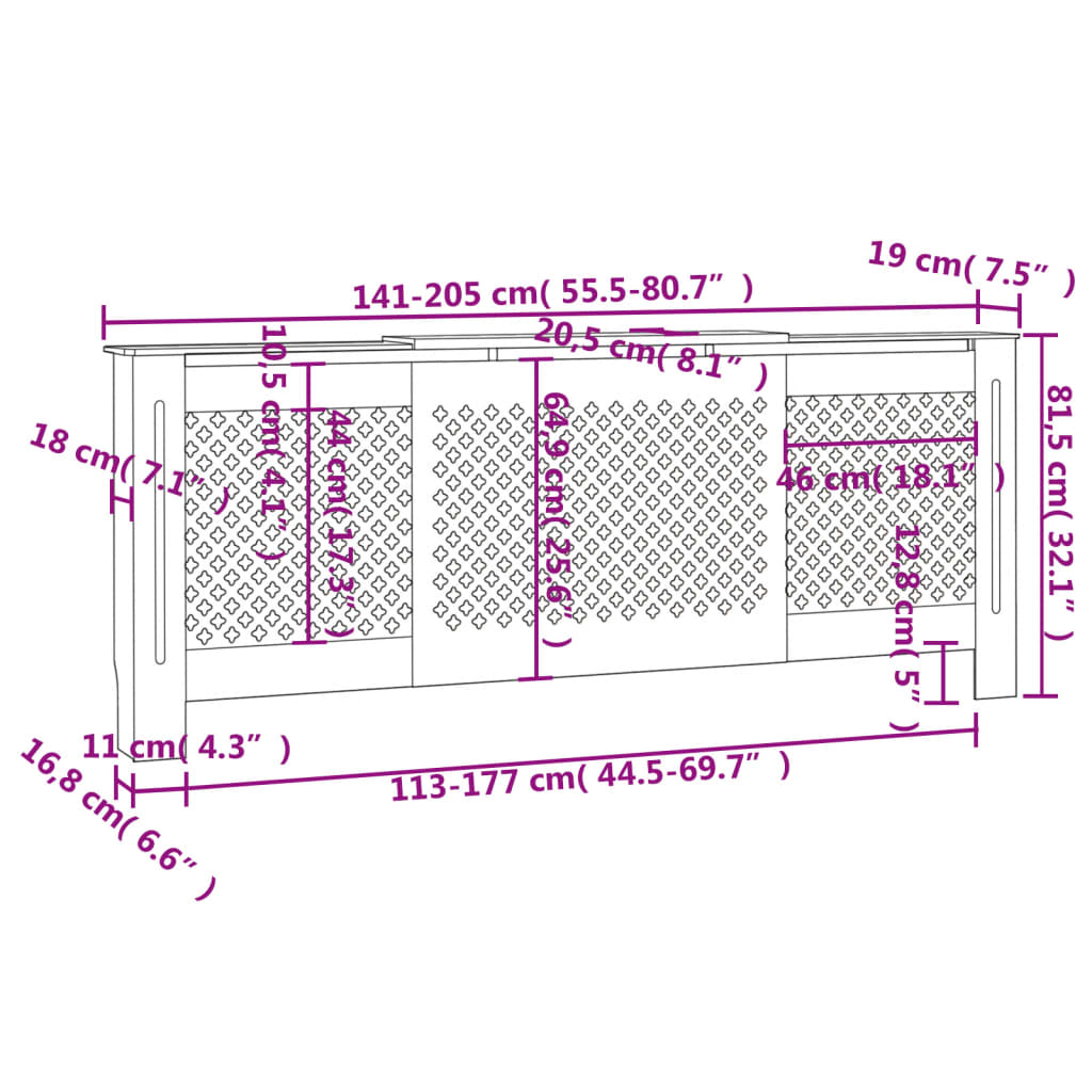 Adjustable black MDF radiator cover blueprint with dimensions 55.9-80.7in wide.