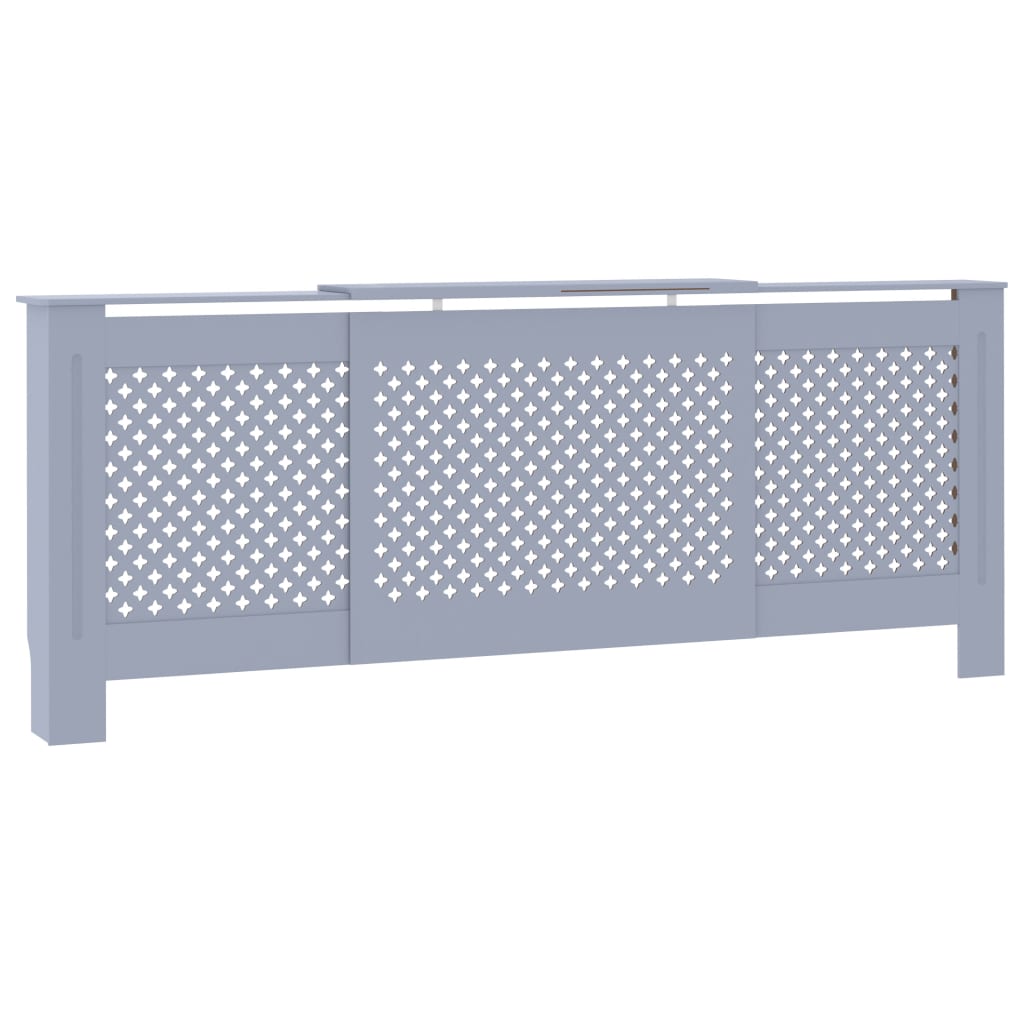 Gray MDF radiator cover cabinet with adjustable length from 55.9 to 80.7 inches and slatted panels.