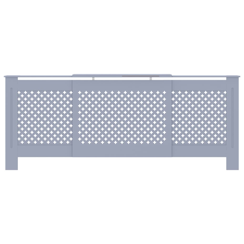Gray MDF radiator cover cabinet with adjustable length from 55.9 to 80.7 inches and slatted panels.