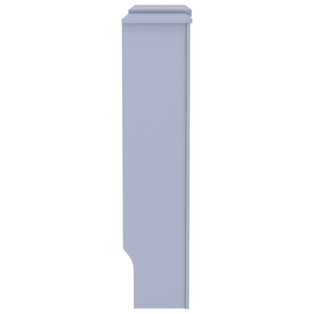 Gray MDF radiator cover cabinet with adjustable length and slatted design side view.