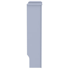 Gray MDF radiator cover cabinet with adjustable length and slatted design side view.