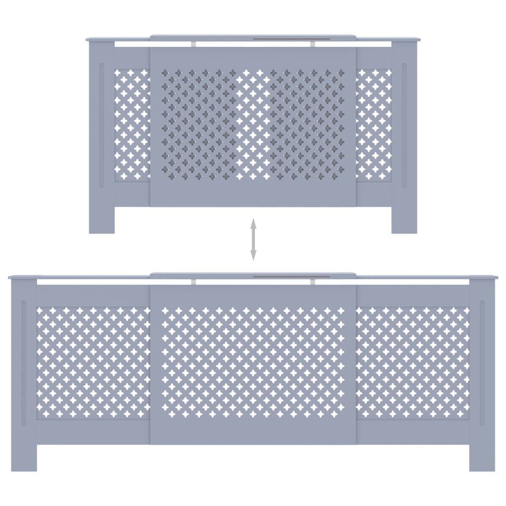Gray MDF radiator cover cabinet, adjustable from 55.9 to 80.7 inches, shown open and closed.