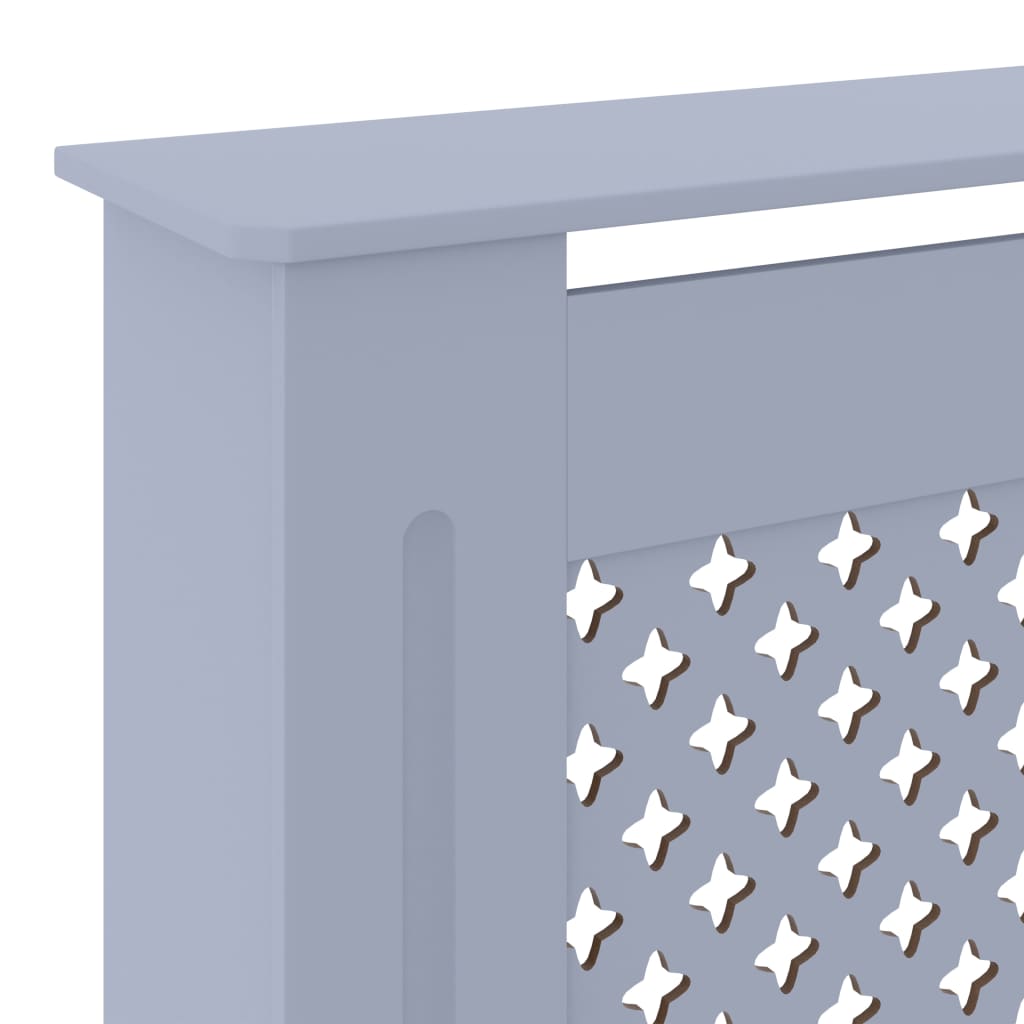 Gray MDF radiator cover cabinet with adjustable width from 55.9 to 80.7 inches and slatted design.