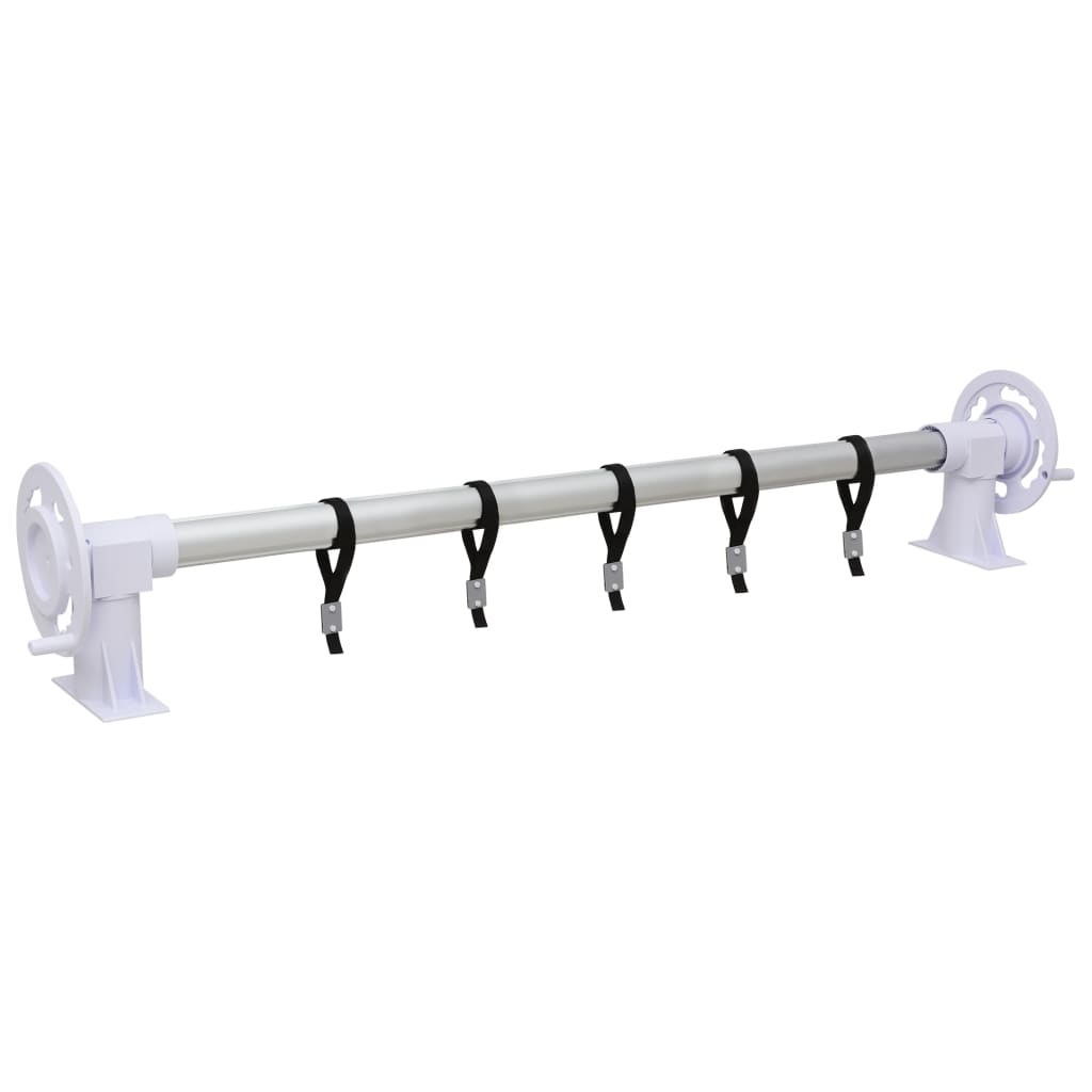 Adjustable aluminum pool cover roller with plastic base and five black cords, 6.6-16.4 ft.