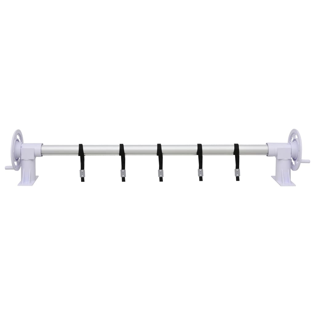 Adjustable white pool cover roller with plastic base and five black cords, 6.6-16.4 ft.