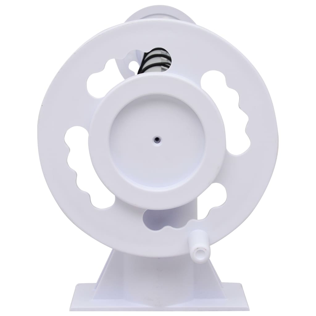 White plastic pool cover roller with adjustable telescopic bar and base stand.