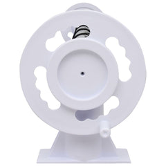 White plastic pool cover roller with adjustable telescopic bar and base stand.