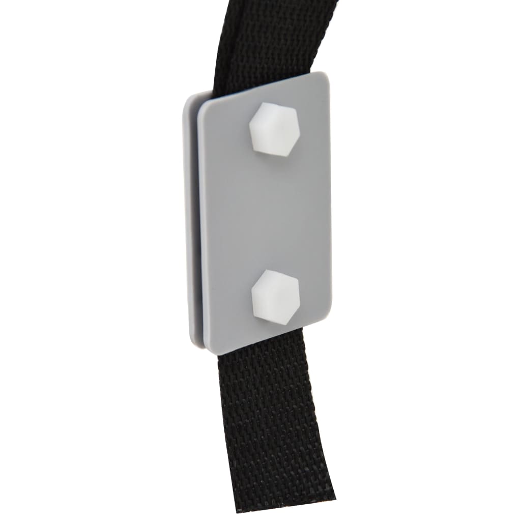Adjustable pool cover roller with gray plastic base and black strap.