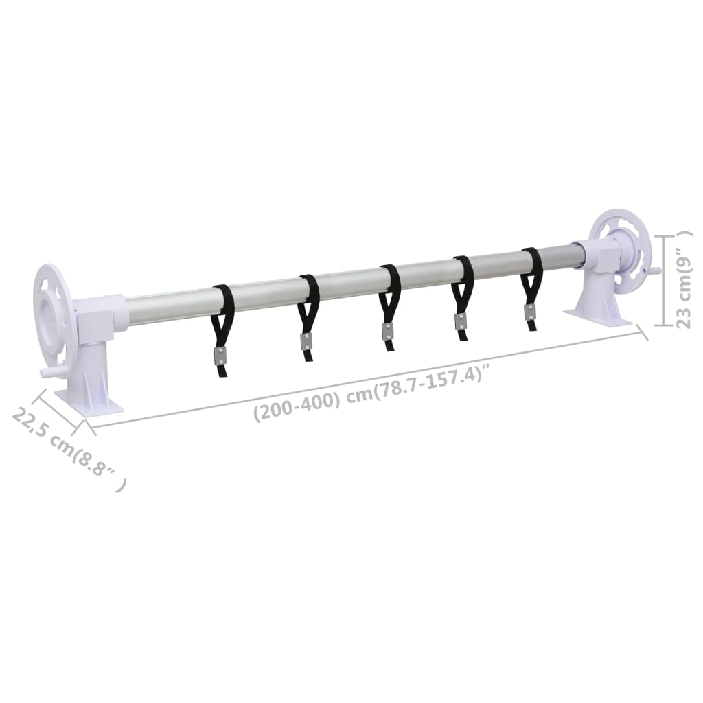 A white and silver adjustable pool cover roller with five black straps.