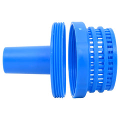 Blue 1.2-inch polypropylene above-ground pool strainer set, shown disassembled with threaded inlet and return parts.