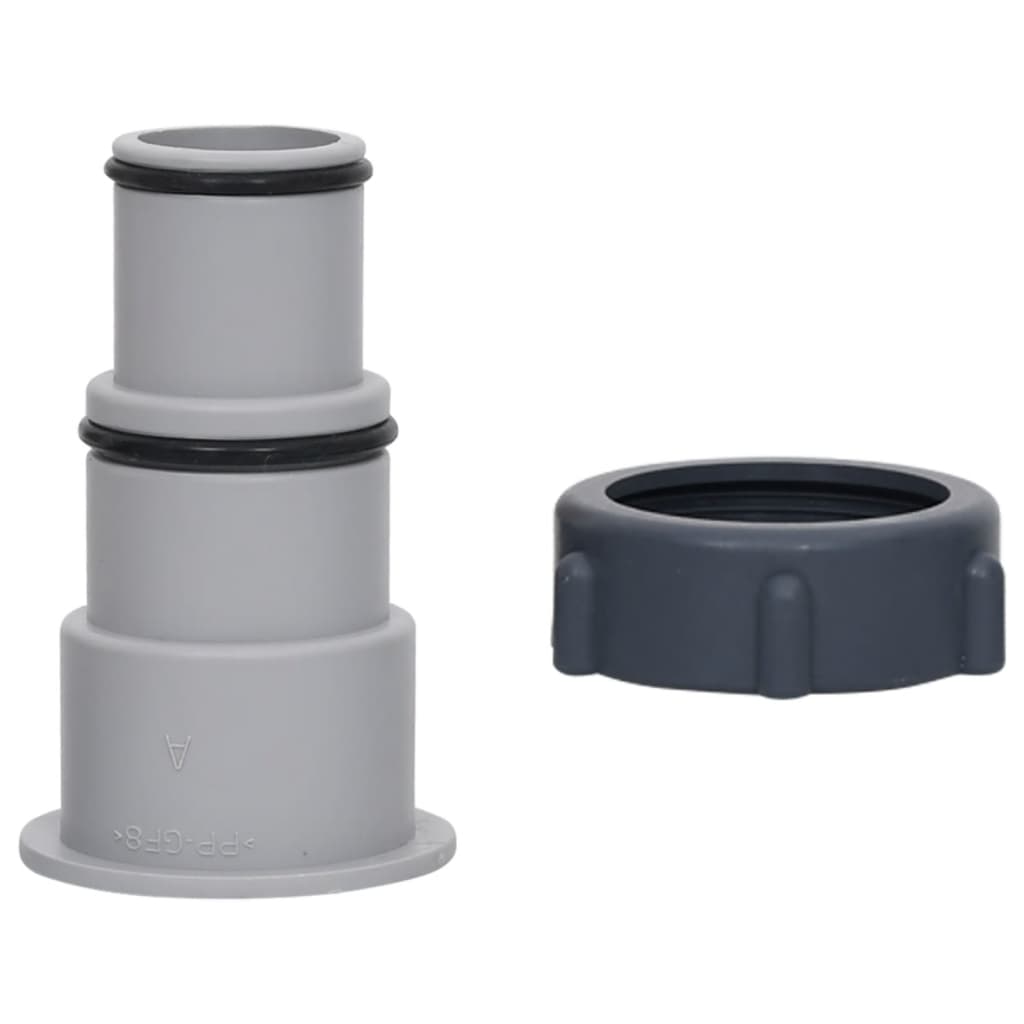 Gray plastic pool hose adapters with 1.3/1.5 inch tapered fittings and O-rings, two-pack.