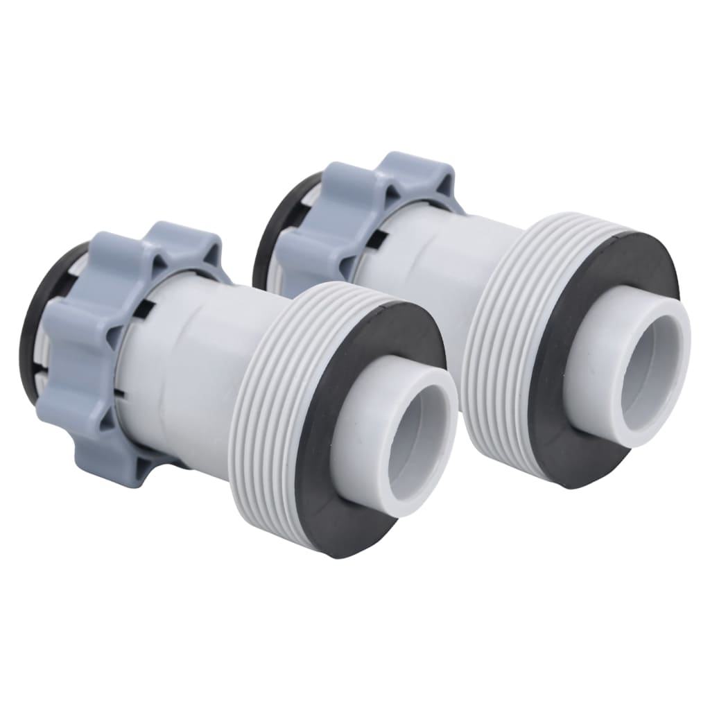 Two gray plastic Bostome Type B pool hose adapters with threaded ends.