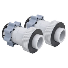 Two gray plastic Bostome Type B pool hose adapters with threaded ends.