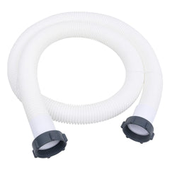 White 1.5-inch diameter pool hose, 70.9 feet long with black threaded connectors.