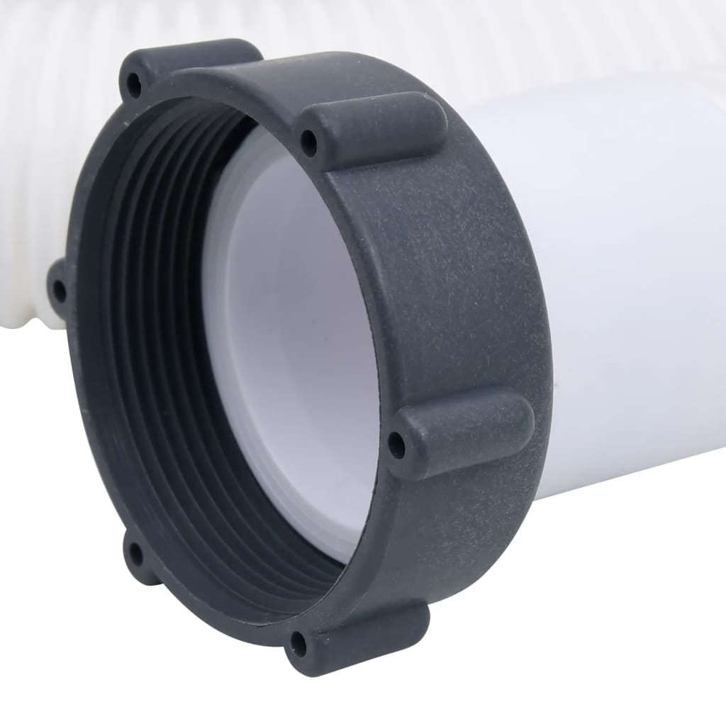 White 1.5-inch diameter pool hose, 70.9 feet long, with black threaded connectors.