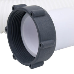White 1.5-inch diameter pool hose, 70.9 feet long, with black threaded connectors.