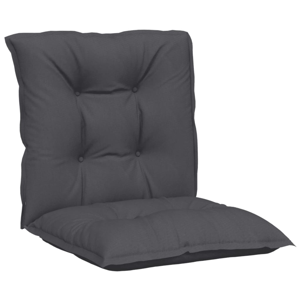 Set of four anthracite fabric lowback chair cushions with tufted design and soft padding.