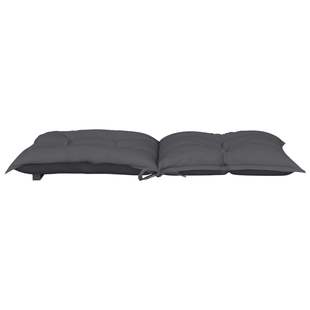 Four anthracite fabric cushions for lowback garden chairs, folded and showing padded design.