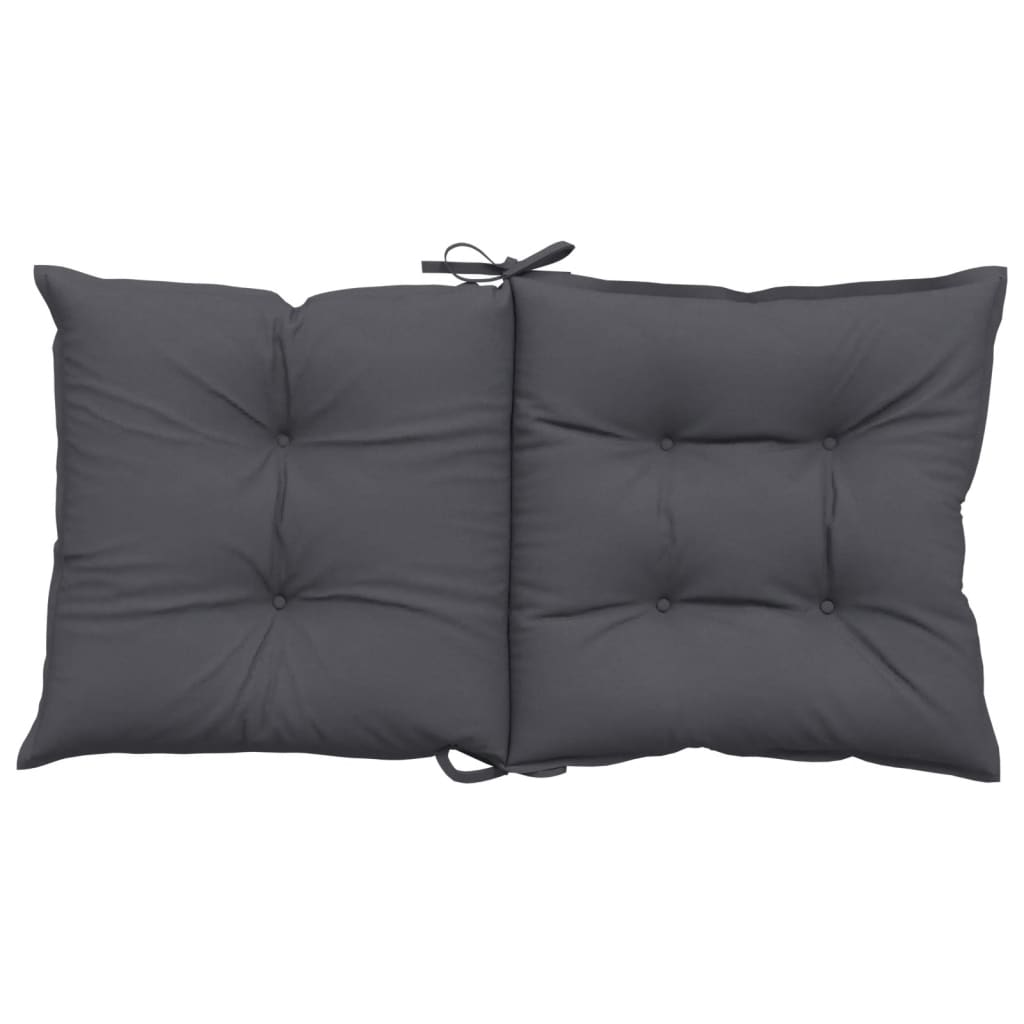 Set of four anthracite fabric lowback chair cushions with tufted design and tie straps.