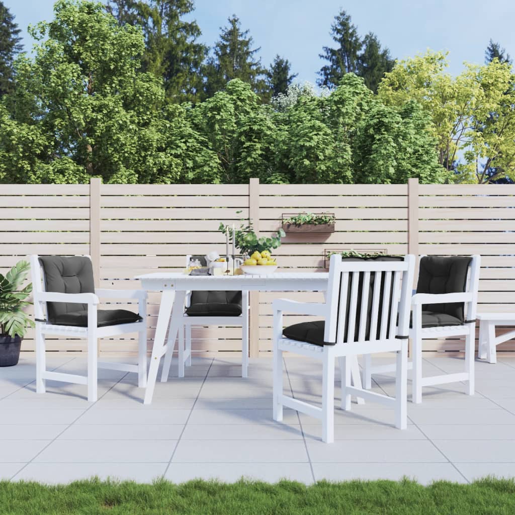 Four anthracite fabric cushions for lowback garden chairs, shown on white wooden patio furniture.