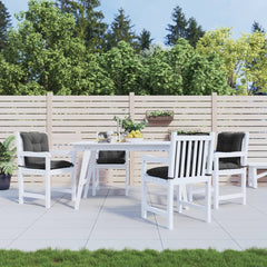 Four anthracite fabric cushions for lowback garden chairs, shown on white wooden patio furniture.