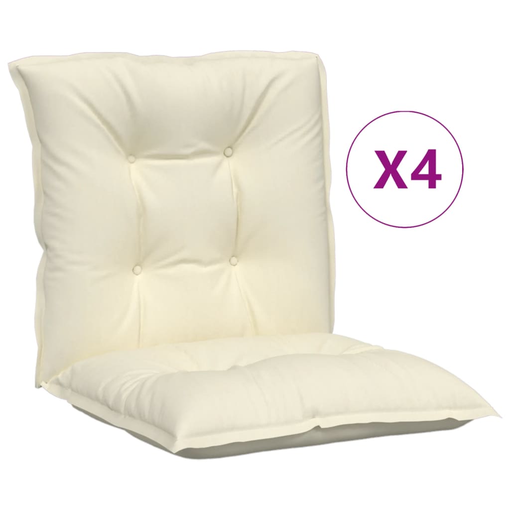 Set of four cream polyester lowback garden chair cushions with tufted design and straps.