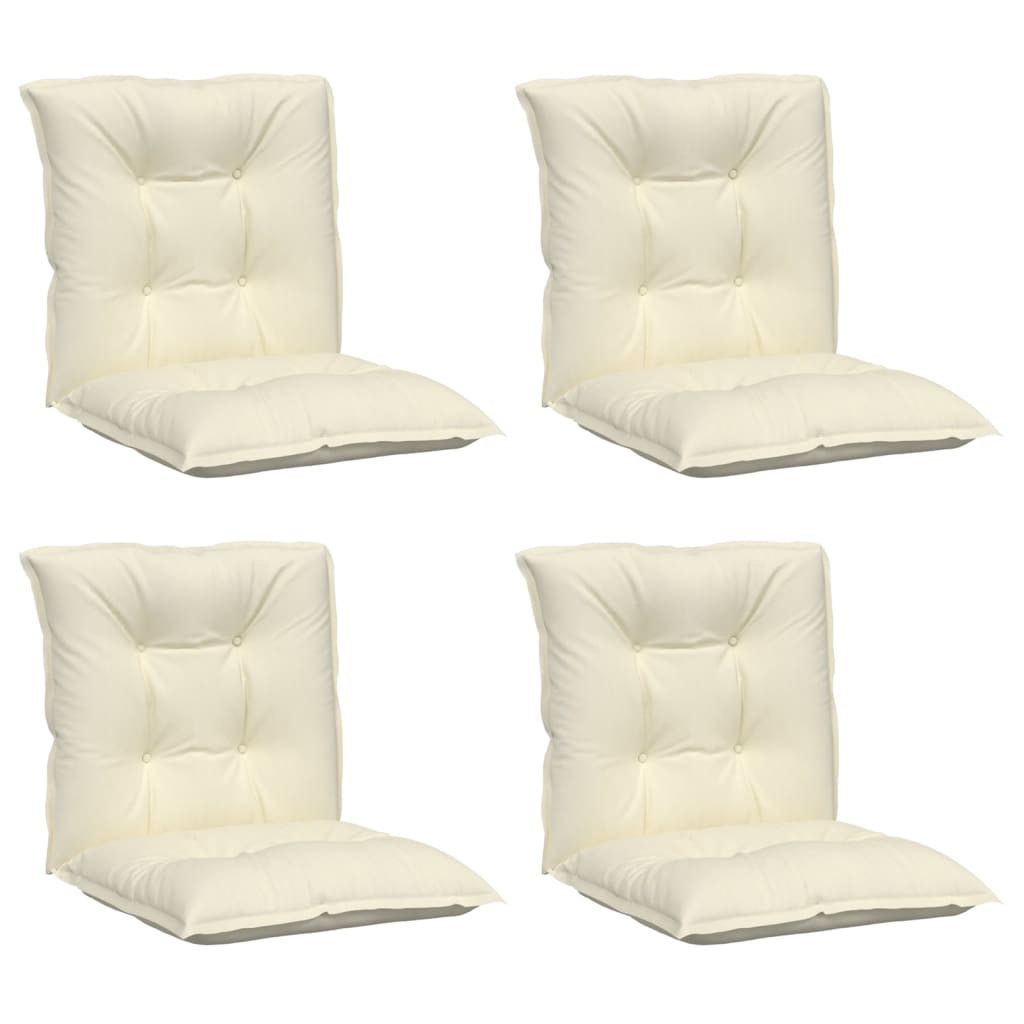 Set of four cream polyester cushions for lowback garden chairs with tufted design.